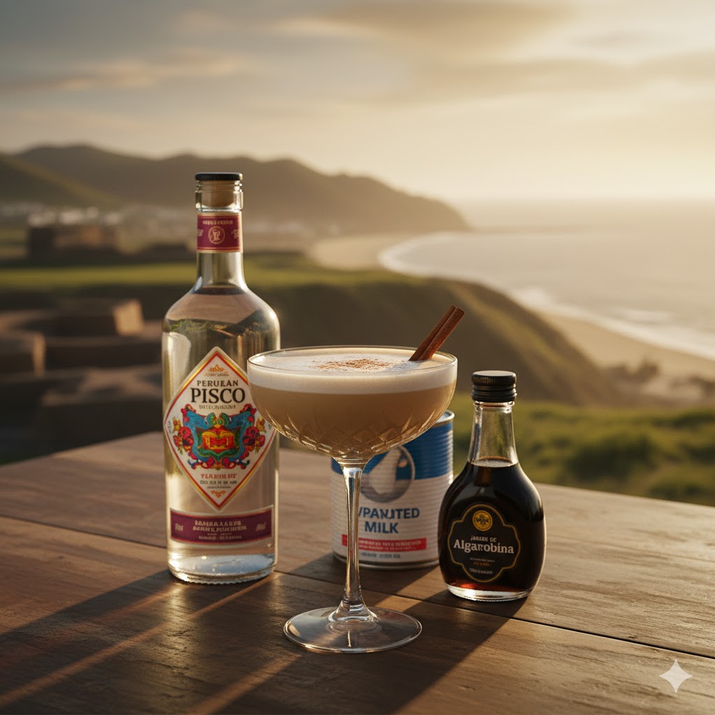 Cóctel de algarrobina con pisco en vaso bajo