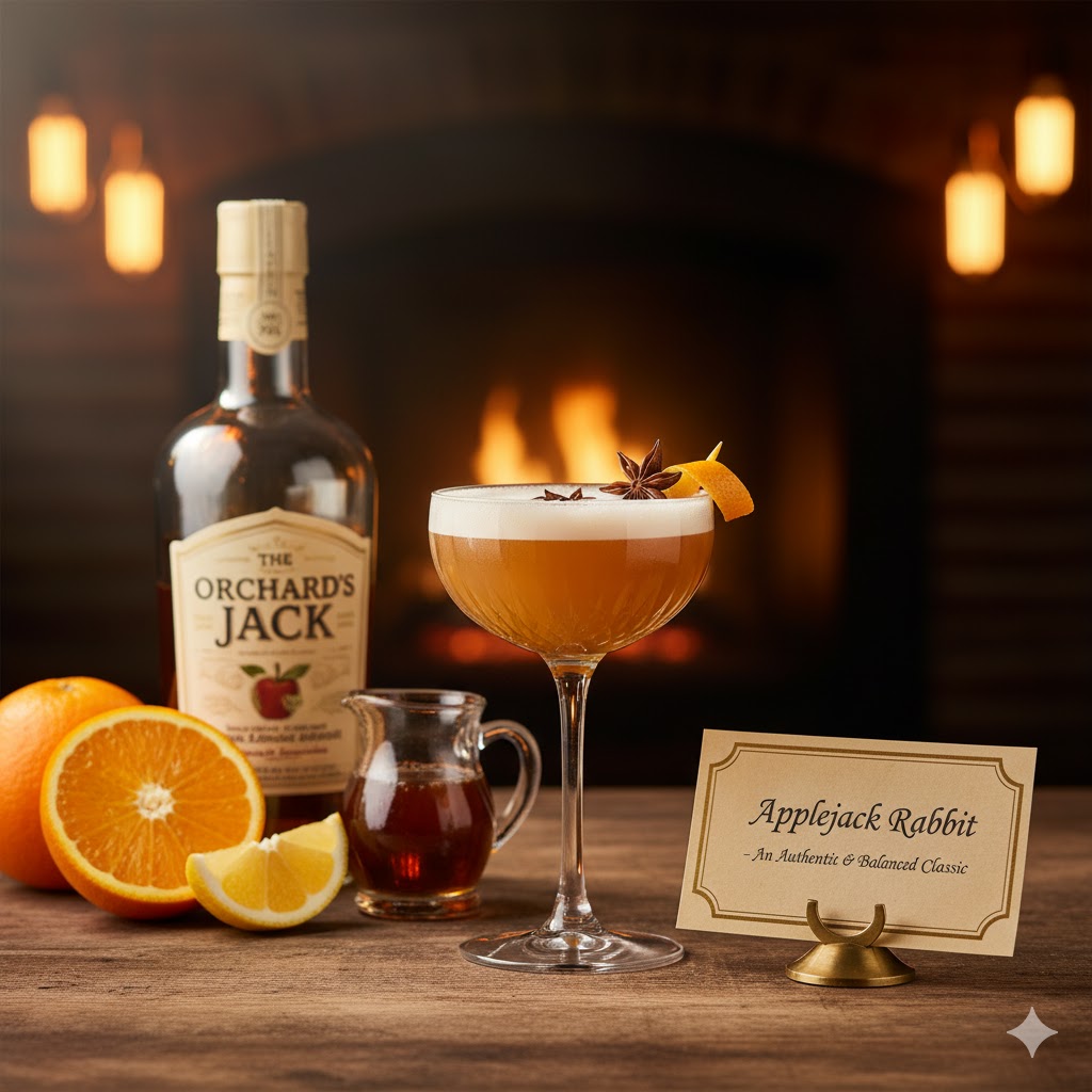 Cóctel Applejack Rabbit servido en copa de cóctel con rodaja de naranja