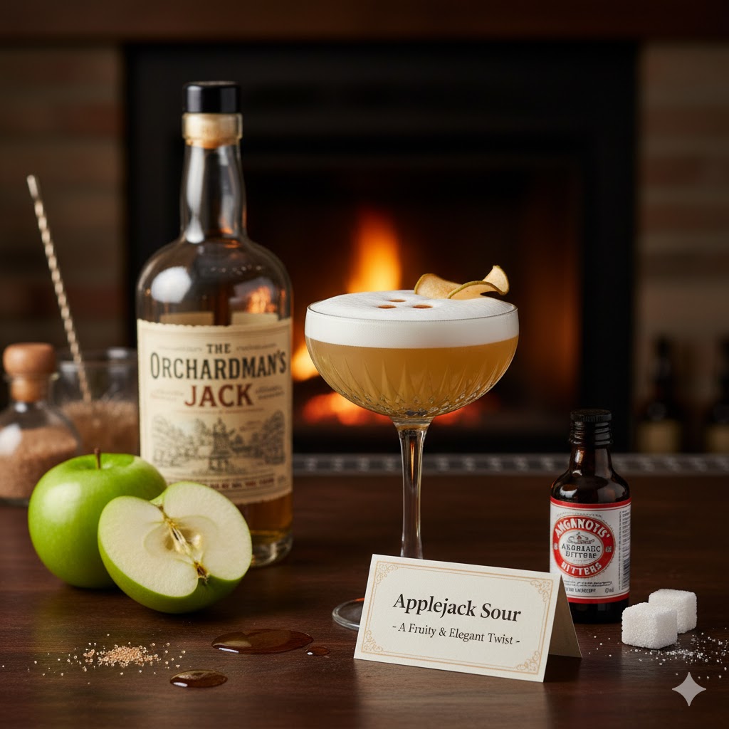 Cóctel Applejack Sour servido en copa baja con espuma ligera