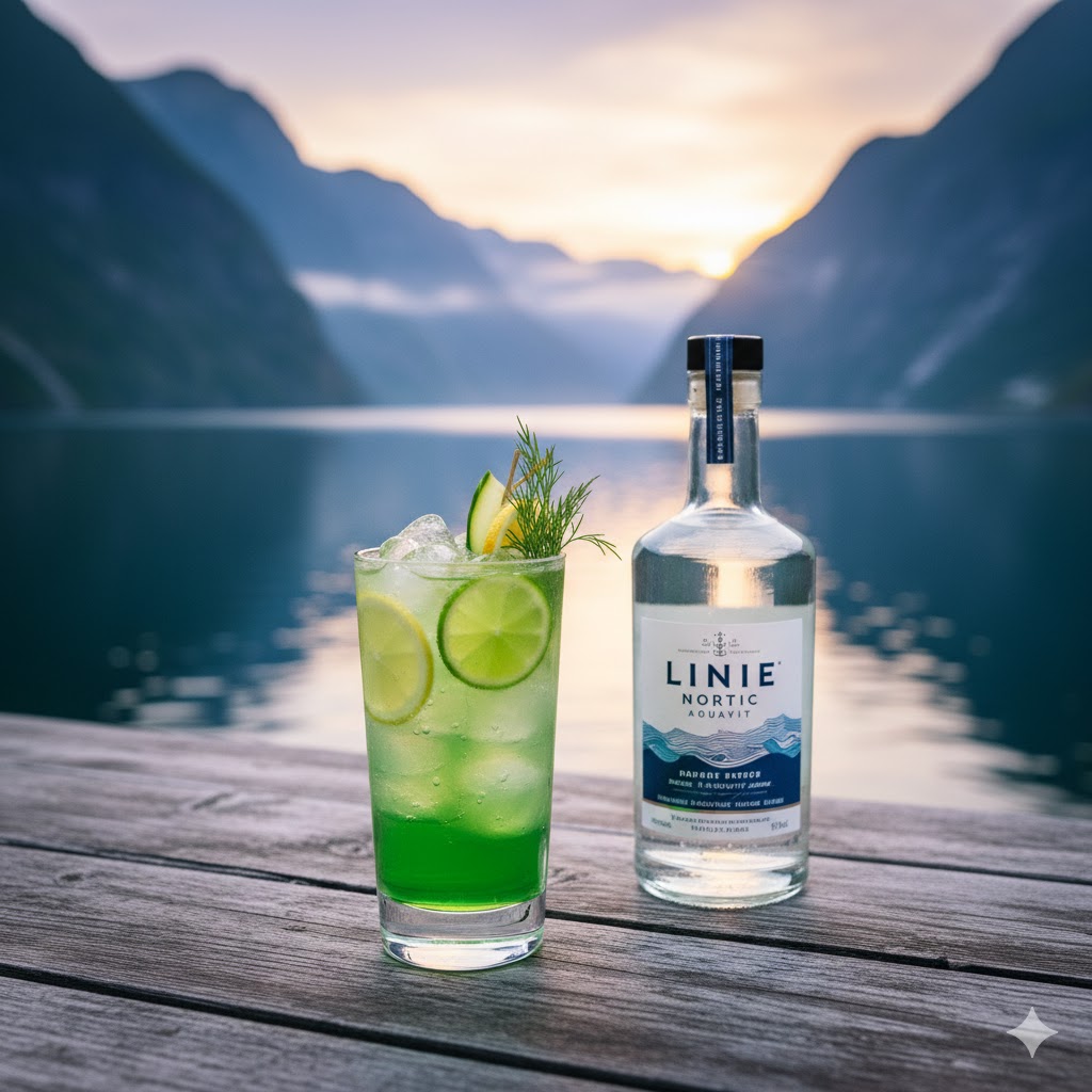 Cóctel Fjord Breeze con Aquavit, arándanos y lima