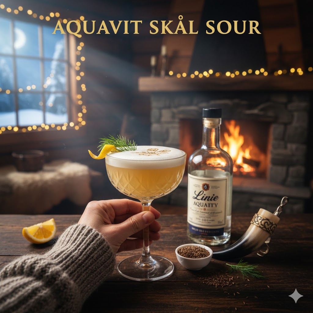 Copa de cóctel con Skål Sour de Aquavit, espuma de clara y decoración cítrica