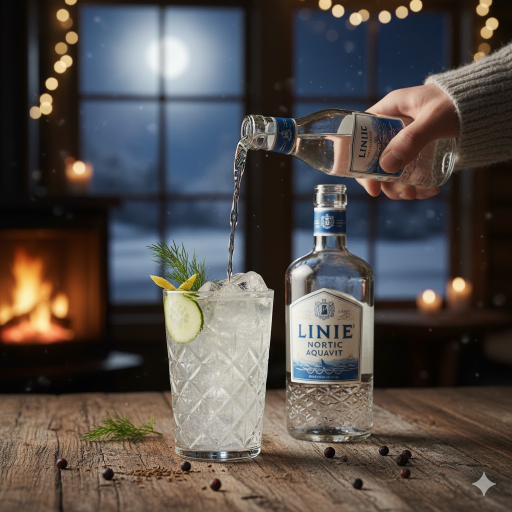 Cóctel Aquavit Tonic servido en vaso alto con rodaja de limón