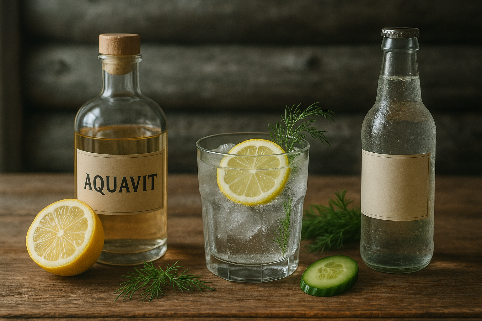 Ingredientes del Aquavit Tonic: aquavit, agua tónica, limón y hielo