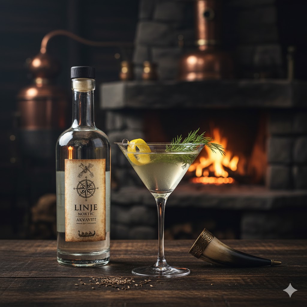 Copa de Martini con Aquavit y vermut seco, decorada con twist de limón