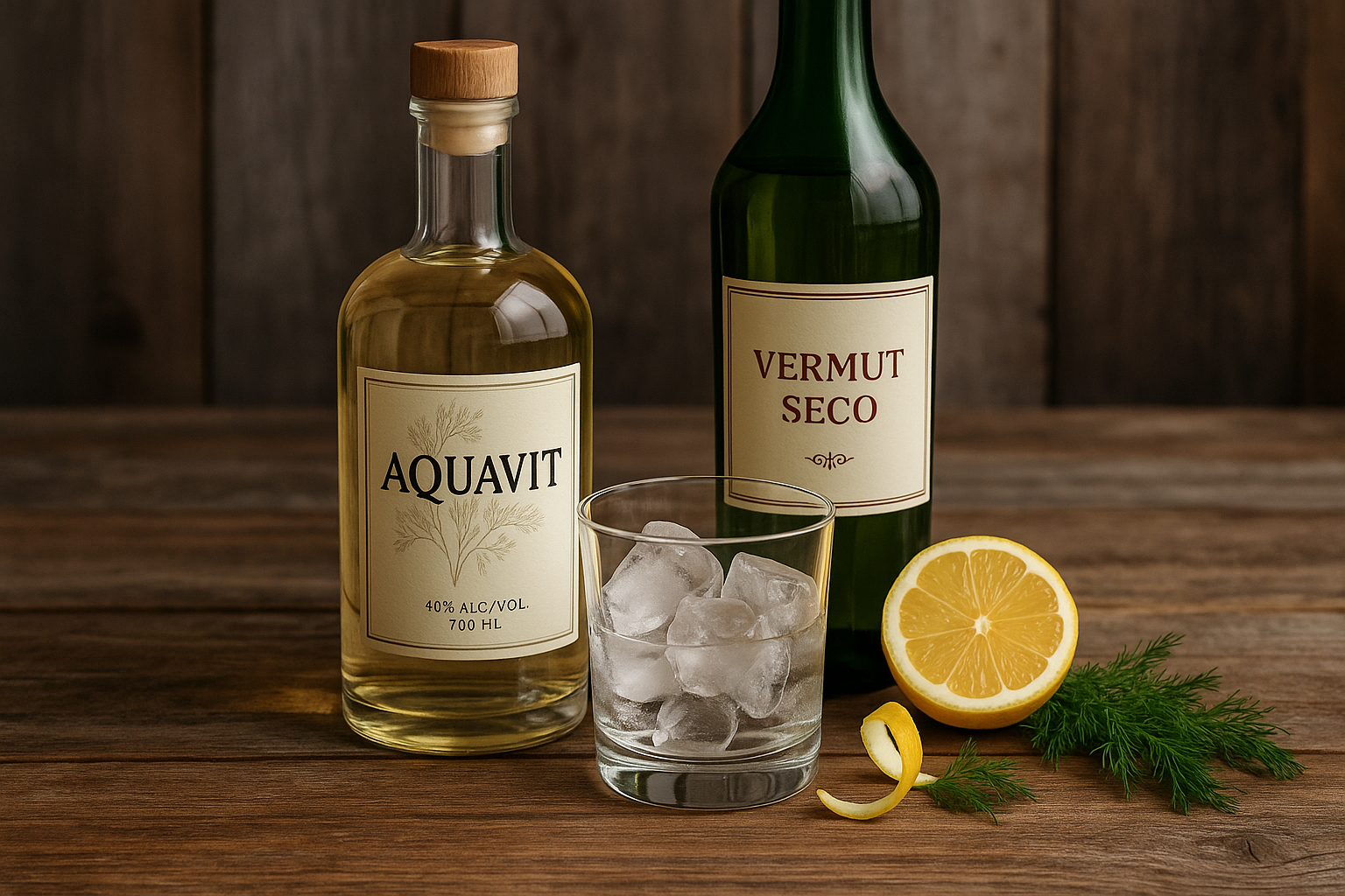 Ingredientes del Aquavit Viking Martini: aquavit, vermut seco y limón