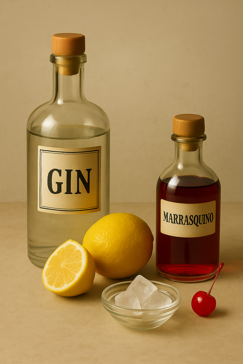 Ingredientes del Aviation: ginebra, marrasquino, violeta y limón