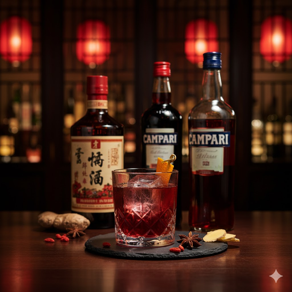 Baijiu Negroni con hielo y naranja