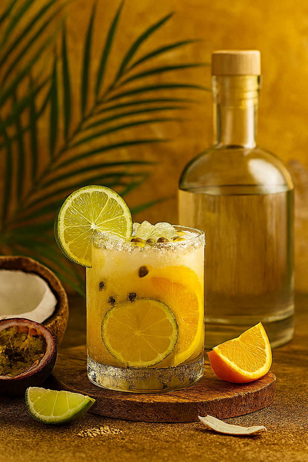 Ingredientes de la batida de maracuyá: cachaça, pulpa de maracuyá, leche condensada y hielo