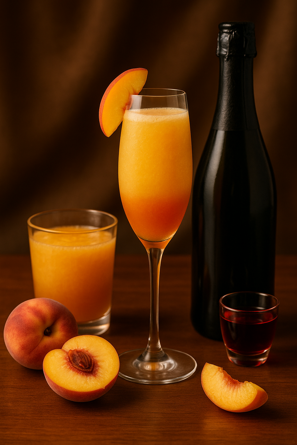 Ingredientes del Bellini de melocotón: puré, prosecco, licor opcional