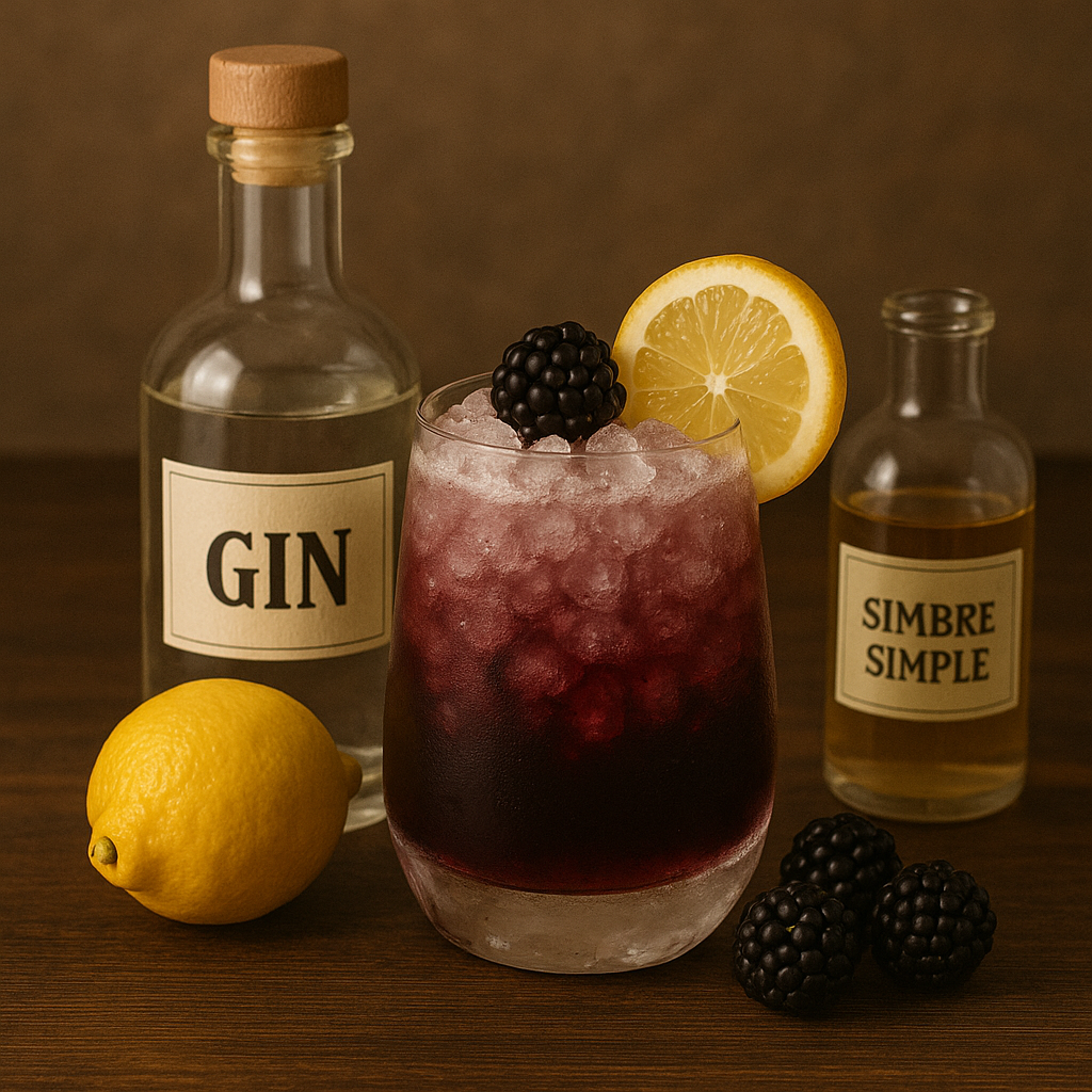 Ingredientes del Bramble: ginebra, limón, sirope y mora