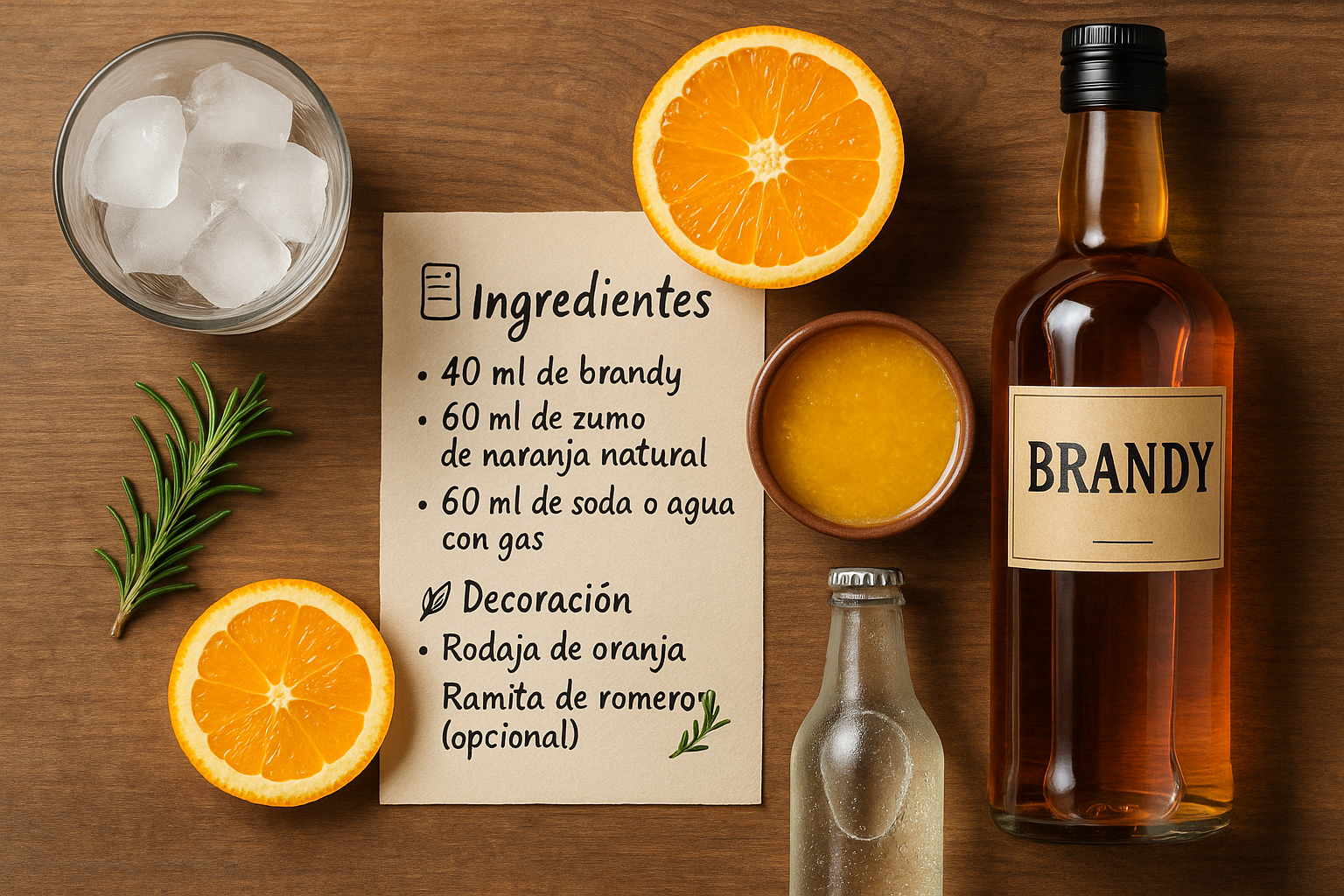 Ingredientes del Brandy Spritz: brandy, naranja y soda