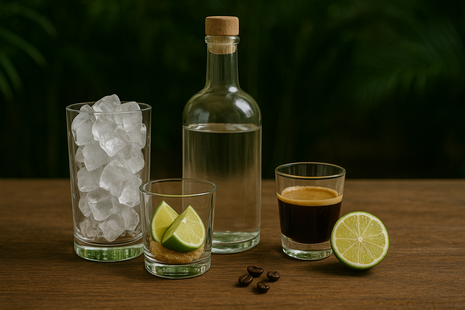 Ingredientes de la Caipirinha de Café: cachaça, café espresso, lima y azúcar moreno