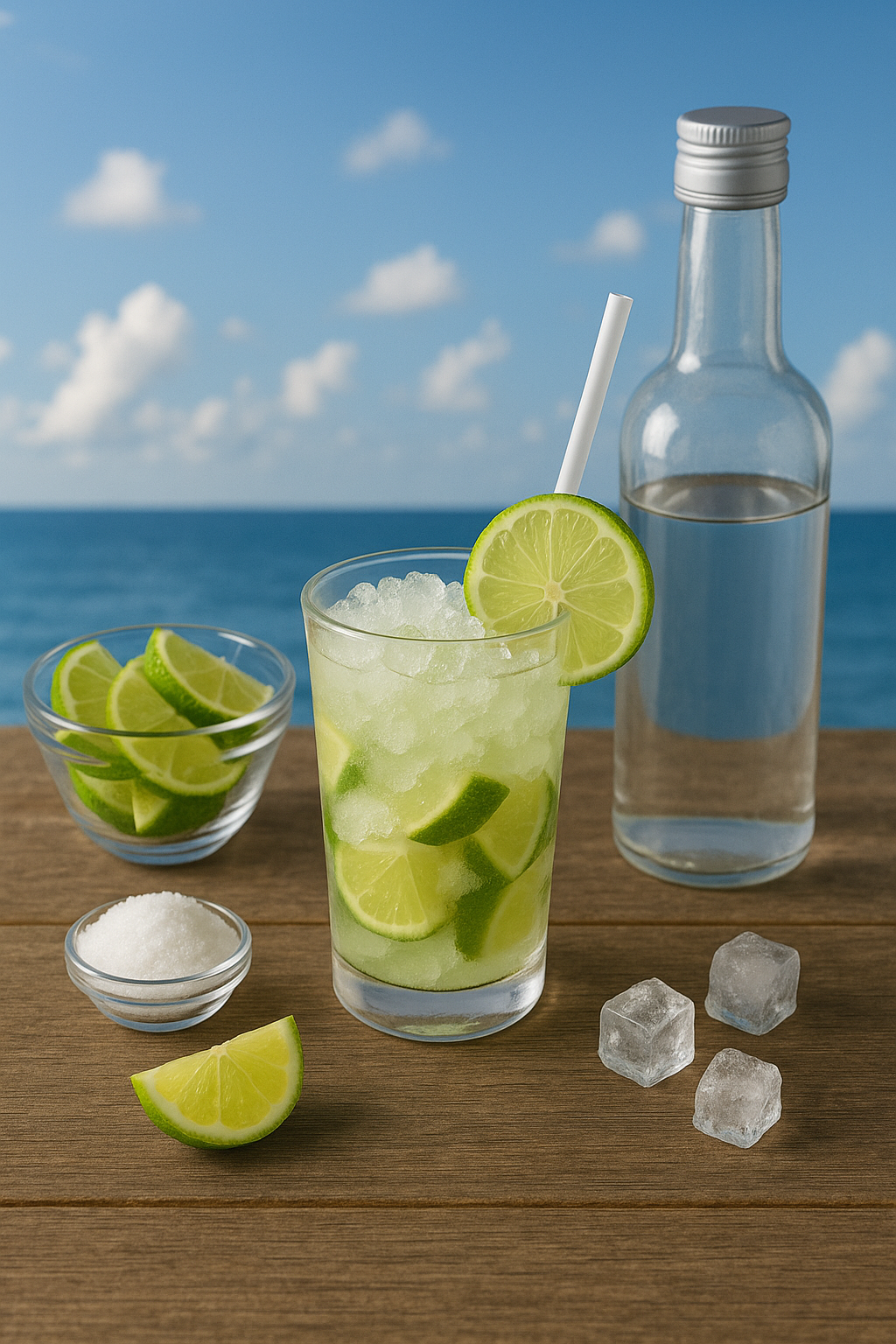 Ingredientes del cóctel Caipiroska: vodka, lima, azúcar y hielo picado
