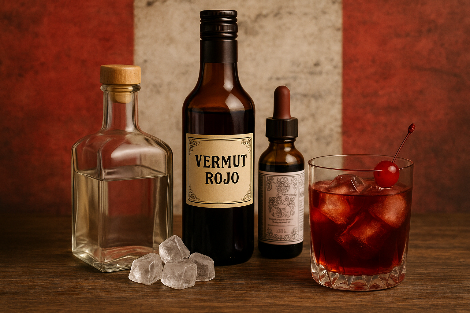 Ingredientes del Capitán de Pisco: pisco, vermut rojo y angostura