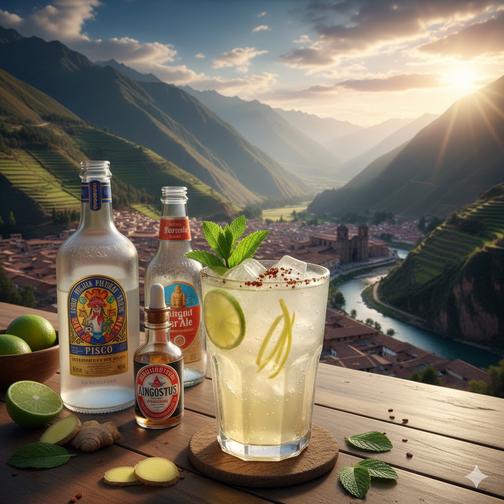 Chilcano de pisco con hielo y rodaja de lima