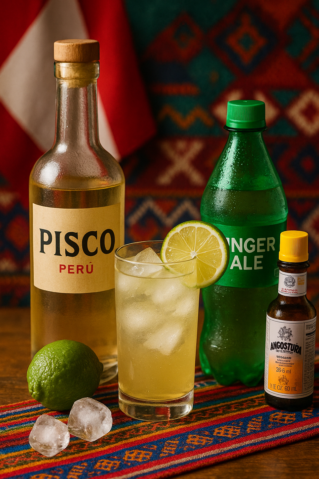 Ingredientes del Chilcano de Pisco: pisco, limón, ginger ale y angostura
