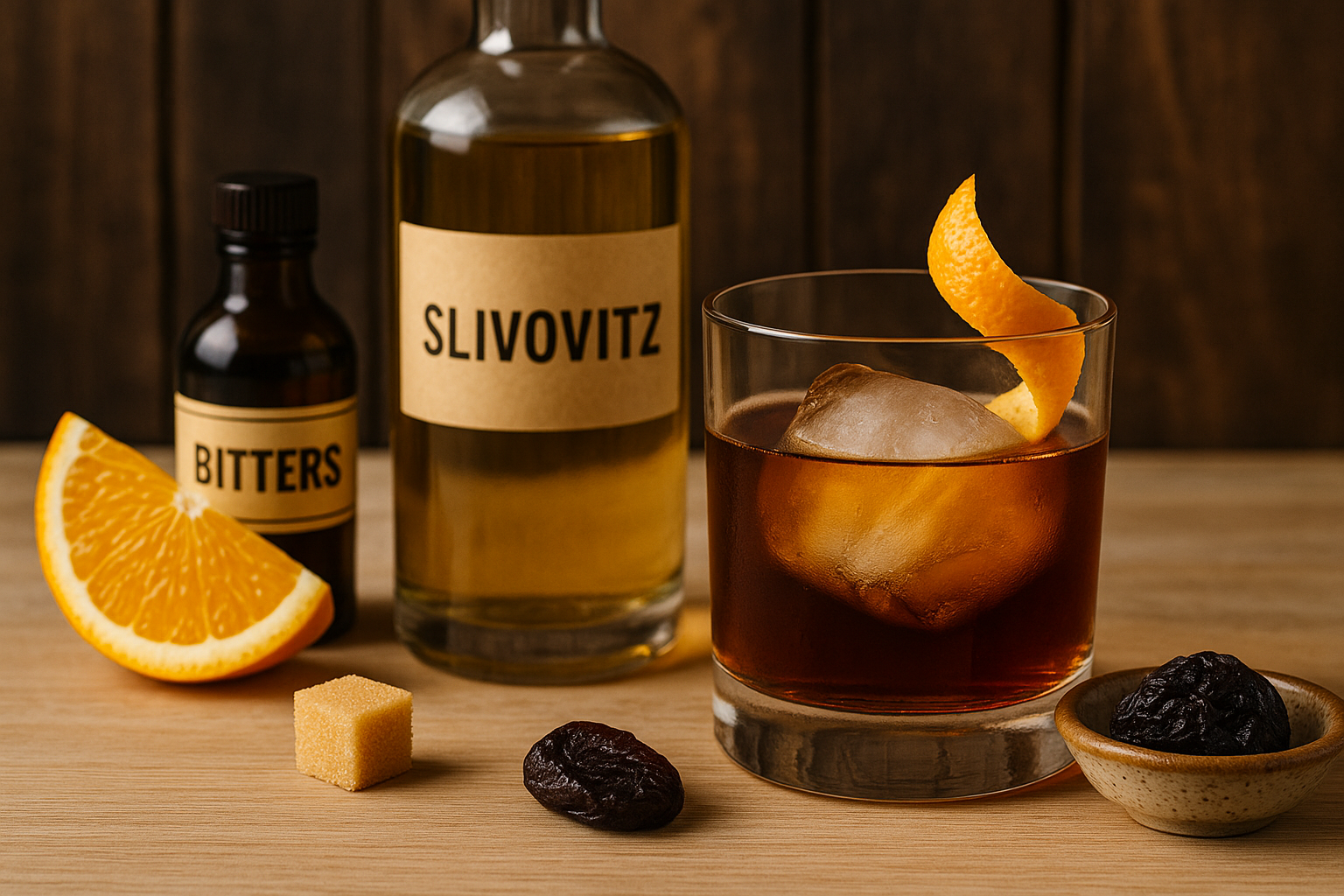 Ingredientes del Ciruela Ahumada Old Fashioned: slivovitz, azúcar, bitter y piel de naranja