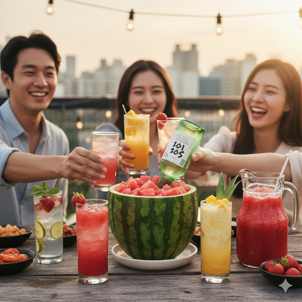 Jarra de cóctel frutal con soju y fruta fresca