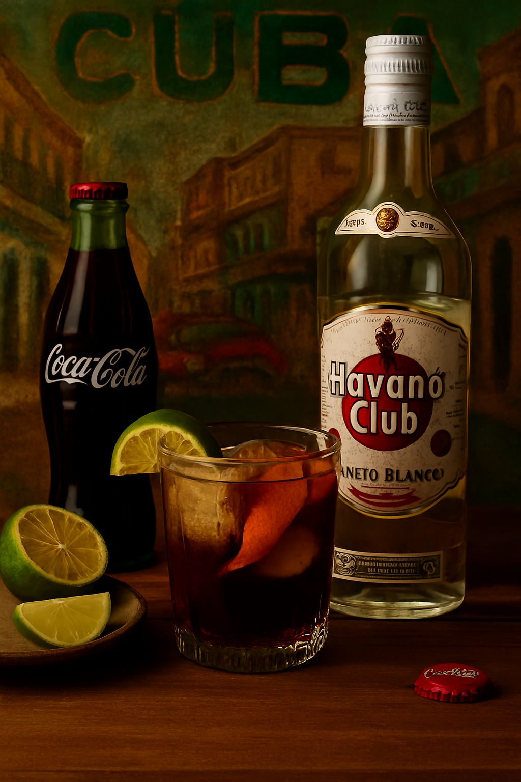 Ingredientes del Cuba Libre: ron blanco, refresco de cola, lima y hielo