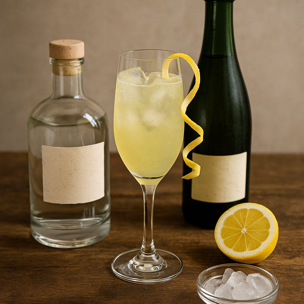Ingredientes del French 75: gin, limón, jarabe simple y champagne