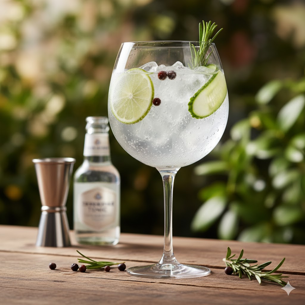 Gin tonic en copa balón con hielo y limón