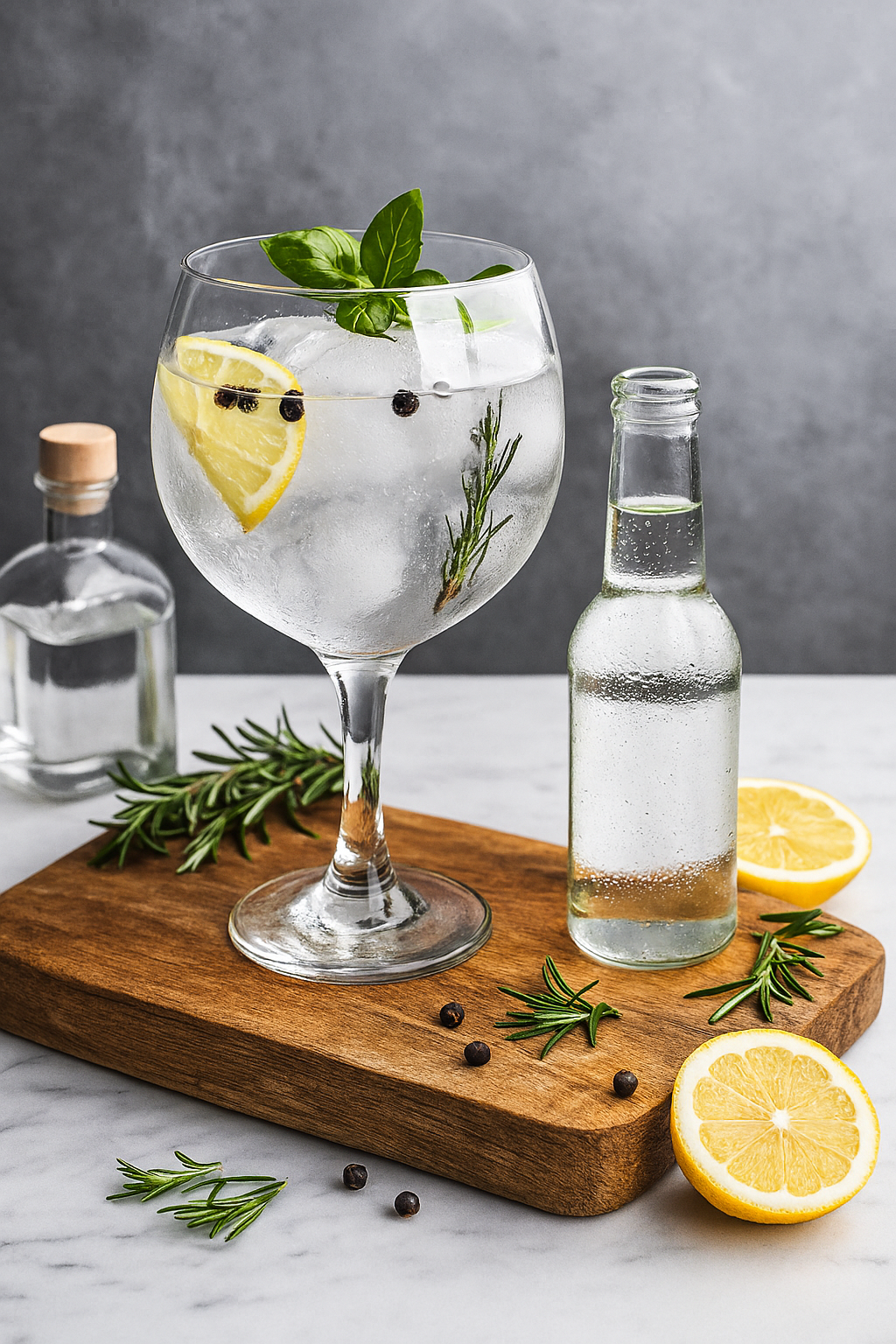 Ingredientes del Gin Tonic clásico: ginebra, tónica, limón y hielo