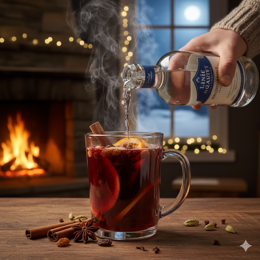 Taza de Glögg caliente con Aquavit, especias y rodaja de naranja