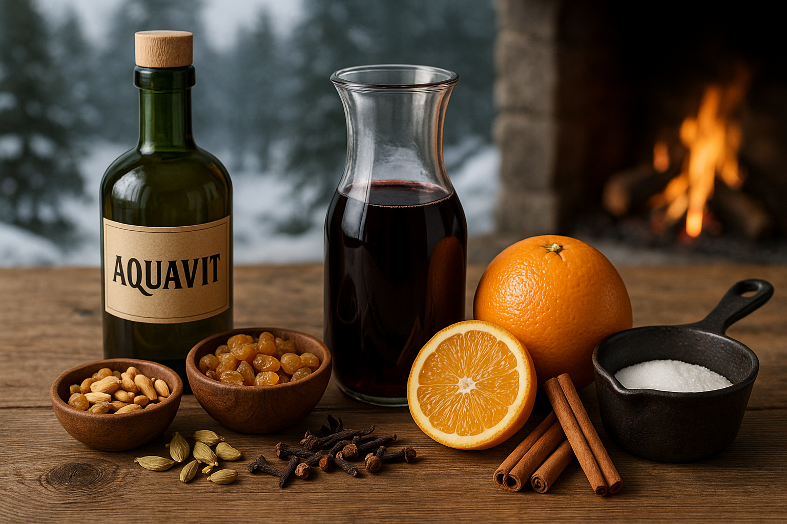 Ingredientes del Glögg Aquavit: vino tinto, aquavit, especias y naranja