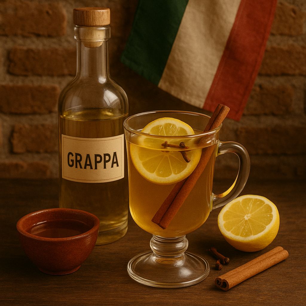 Ingredientes del Grappa Hot: grappa, miel, limón y especias