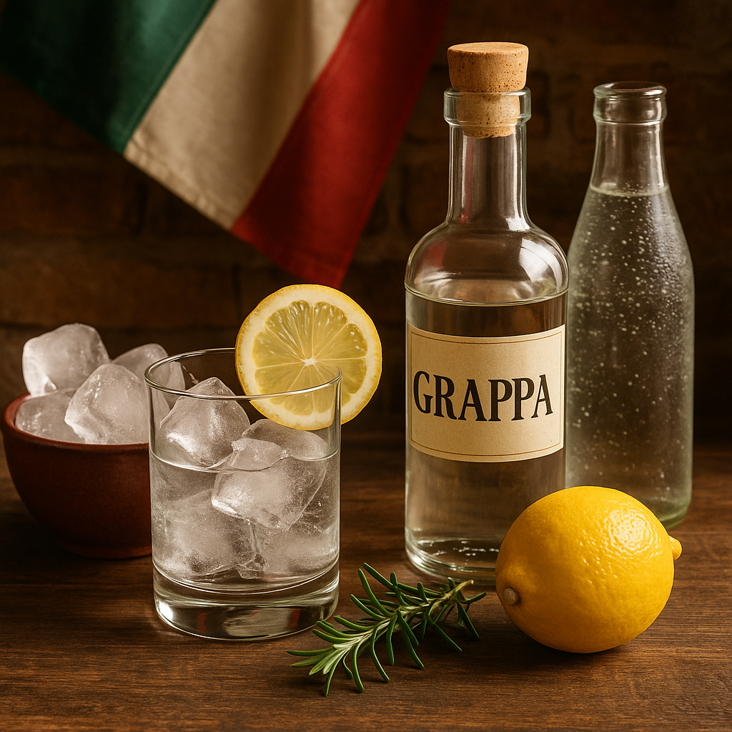 Ingredientes de la Grappa Tónica: grappa, tónica y limón