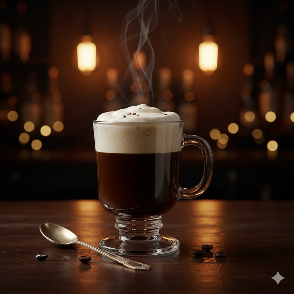 Irish Coffee servido en vaso alto, con capa de nata y chocolate espolvoreado