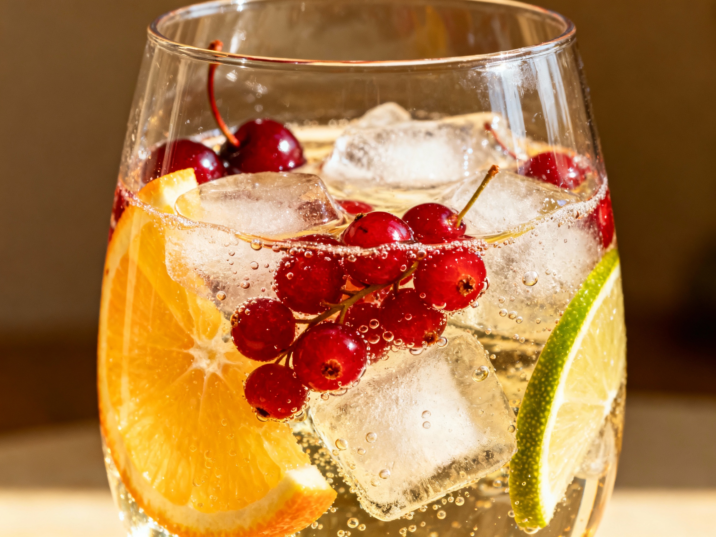 Kirsch Frutos Rojos Spritz servido en copa con frutos rojos