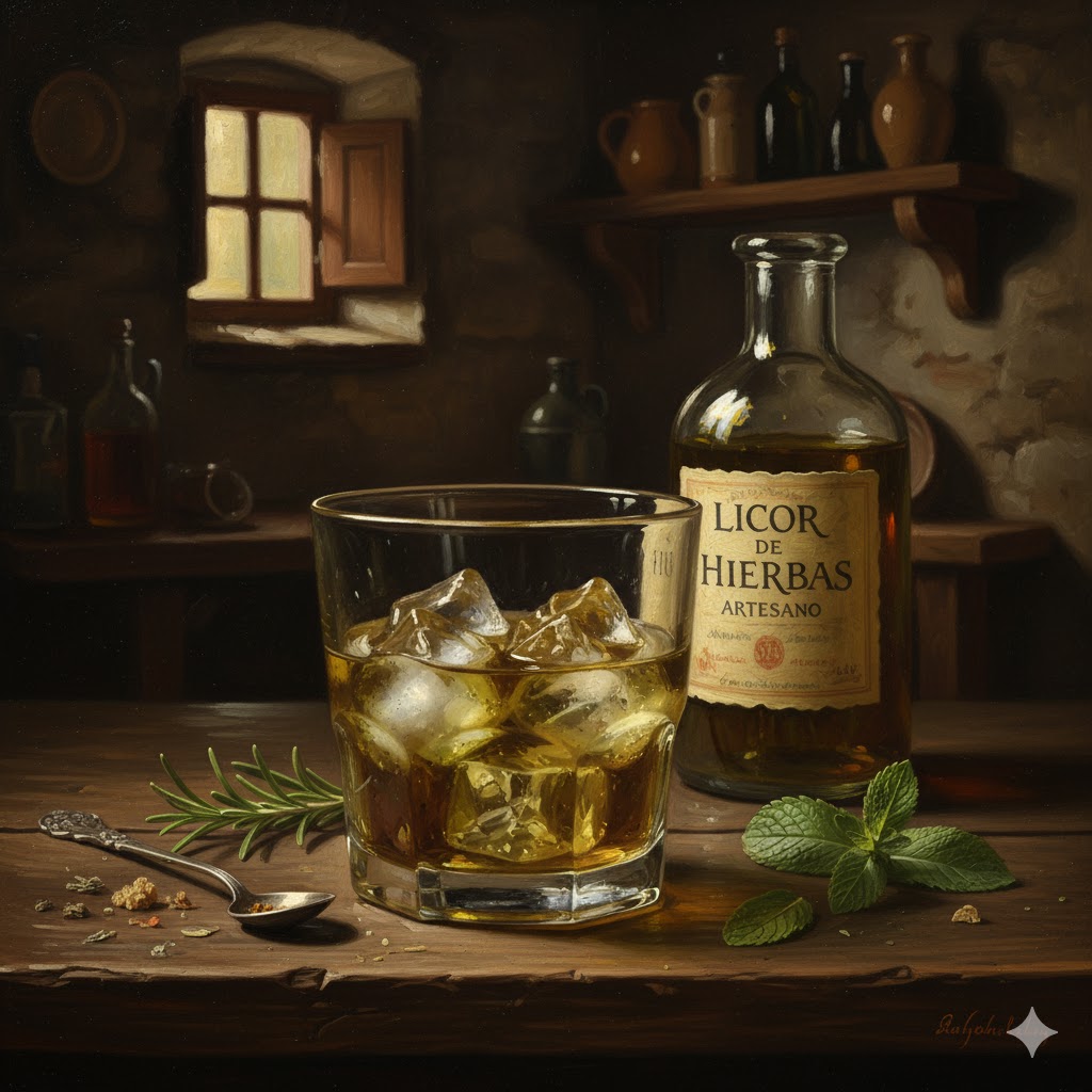 Licor de hierbas con hielo en vaso bajo