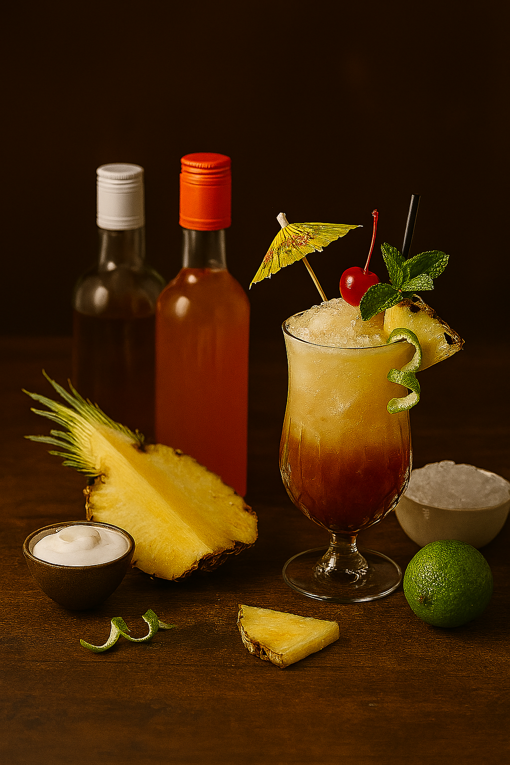 Ingredientes del Mai Tai: ron oscuro y blanco, curaçao, lima y orgeat
