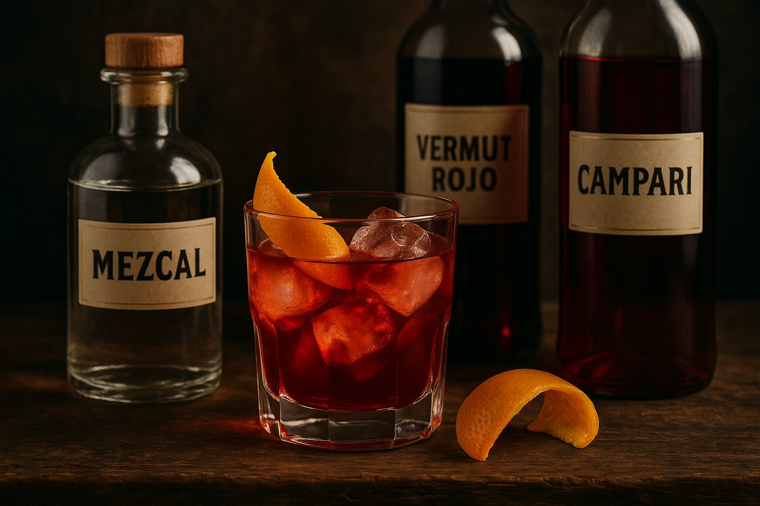 Ingredientes del Mezcal Negroni: mezcal, vermut rojo y Campari