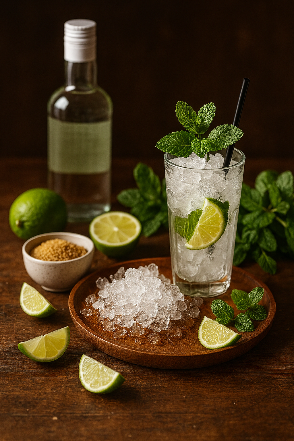 Ingredientes del mojito clásico cubano: ron, lima, hierbabuena, azúcar y soda