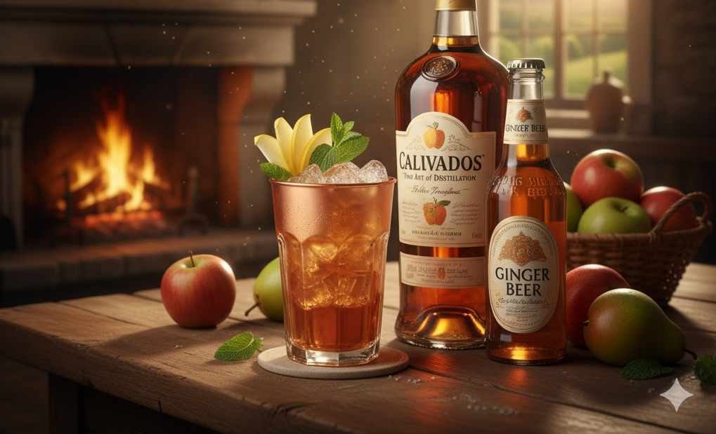 Cóctel Normandy Mule servido en vaso de cobre