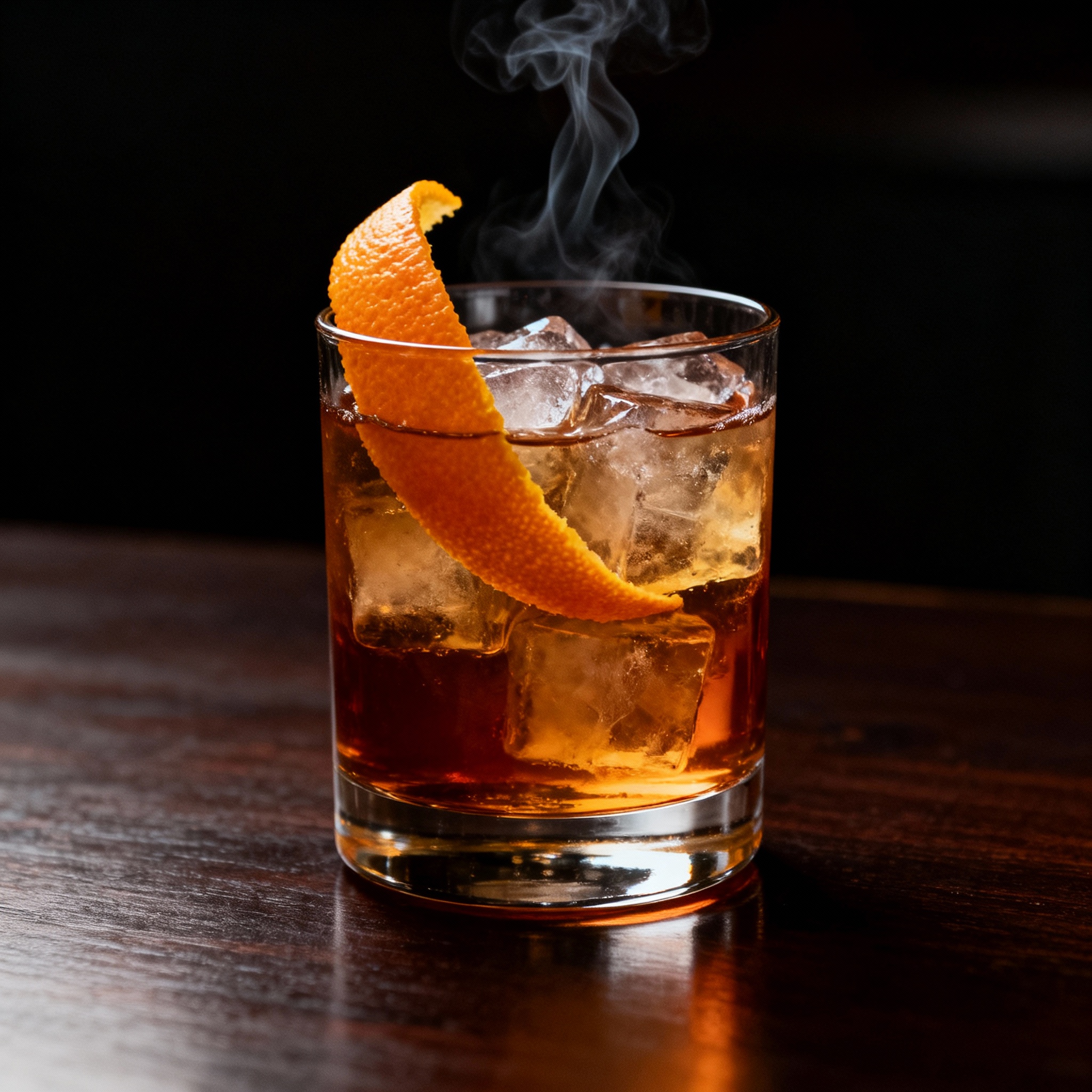 Oaxaca Old Fashioned con hielo grande, piel de naranja y aroma ahumado