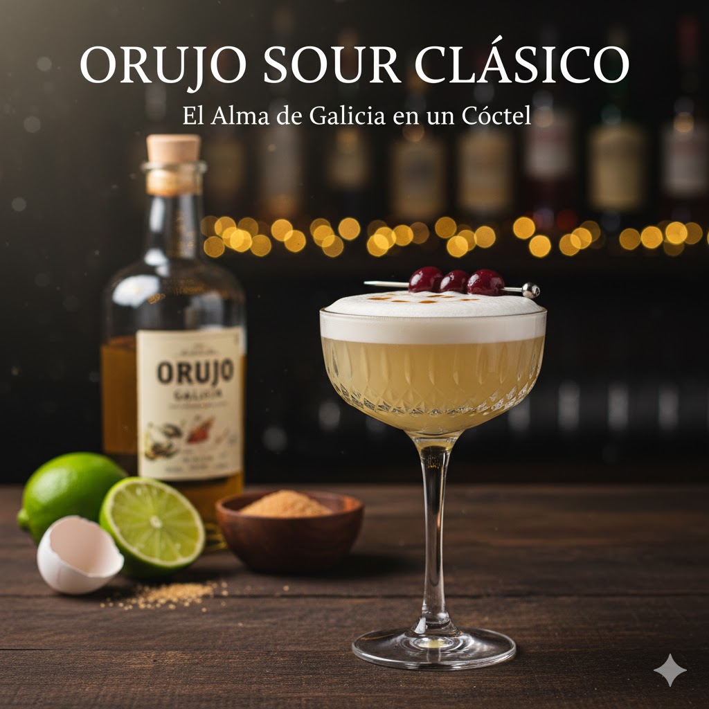 Orujo Sour en copa con espuma