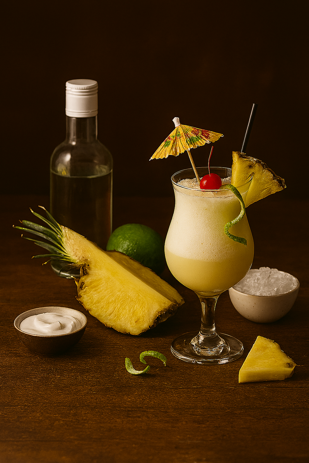 Ingredientes para Piña Colada: ron, piña, coco y hielo