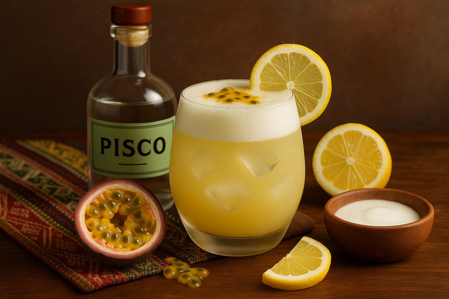 Ingredientes del Pisco Maracuyá: pisco, maracuyá, jarabe simple y clara de huevo