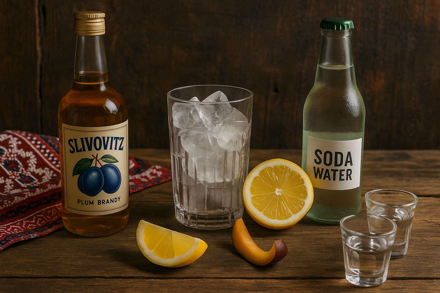 Ingredientes del Plum Highball: slivovitz, soda y limón