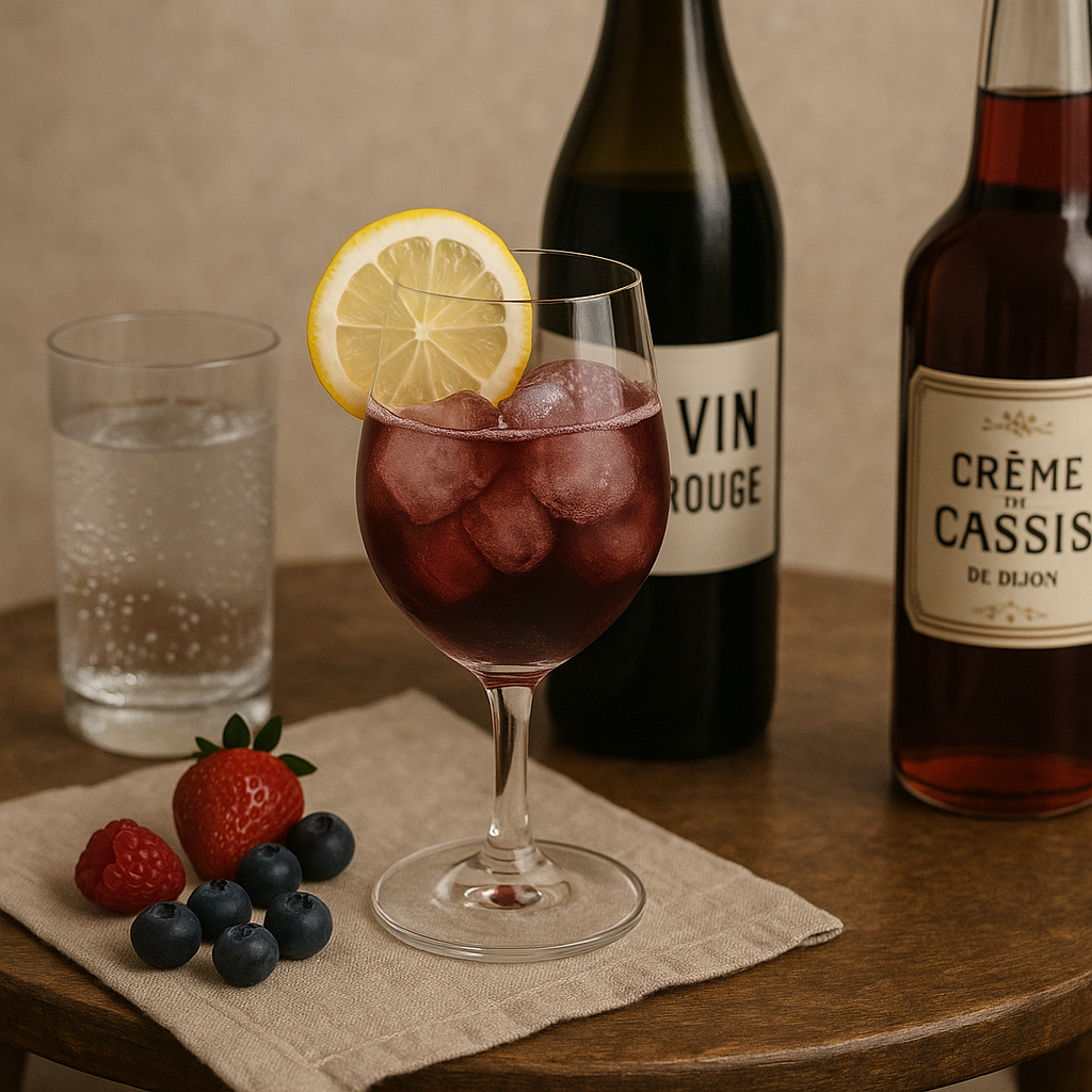Ingredientes del Pompier: vino tinto, cassis y soda