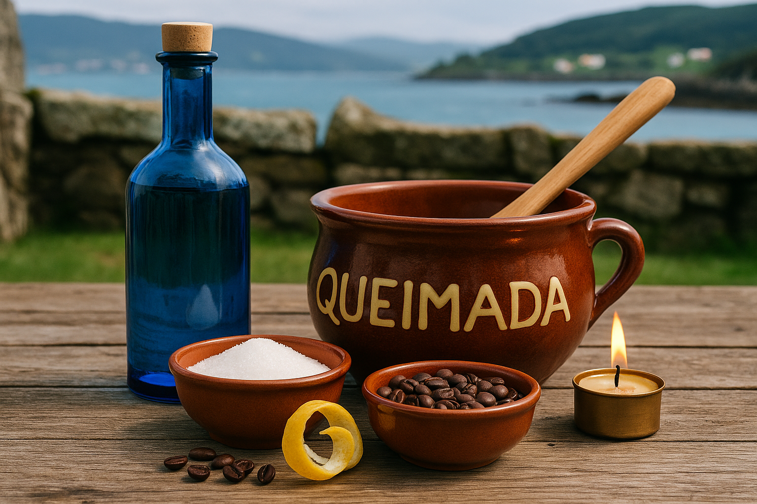 Ingredientes de la Queimada gallega: aguardiente, cítricos, azúcar y café