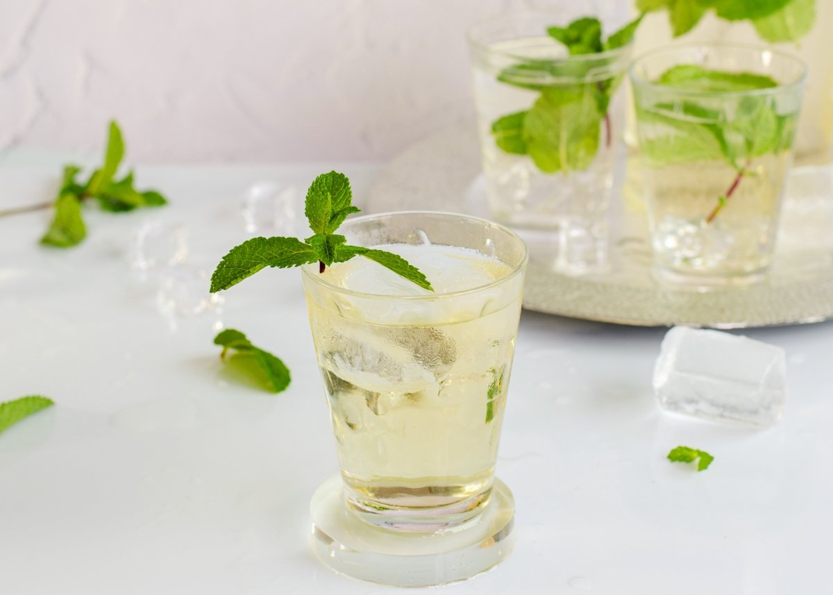 Rebujito servido en vaso con hielo, menta y rodaja de limón