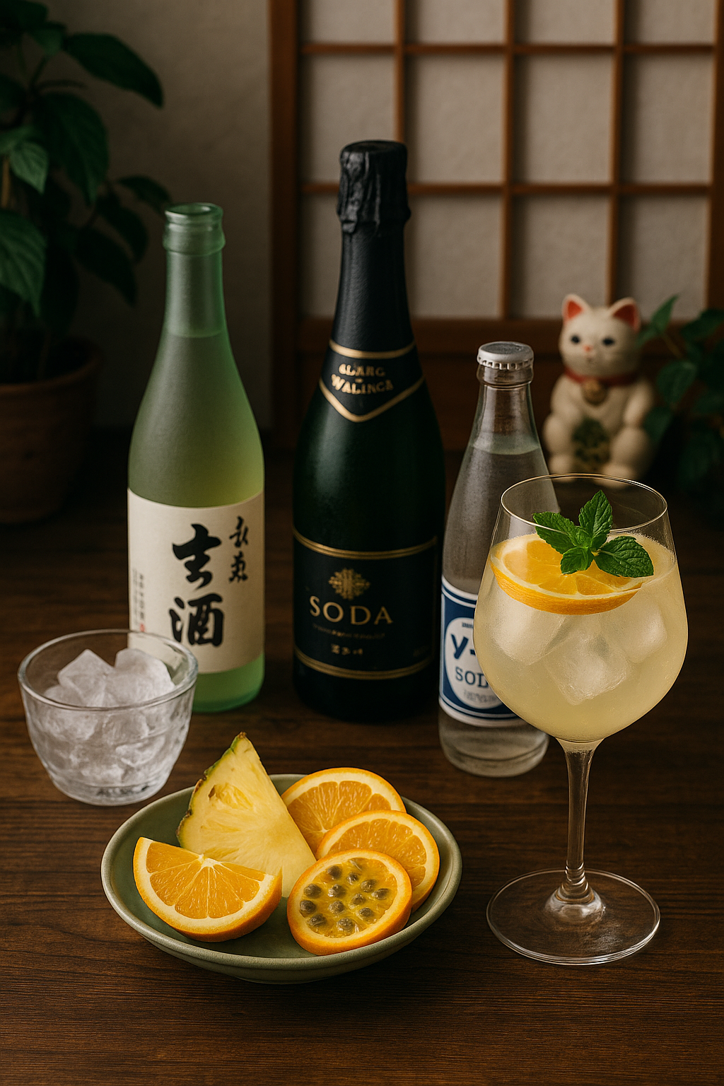 Ingredientes del Sake Spritz: sake, espumoso, soda y frutas tropicales