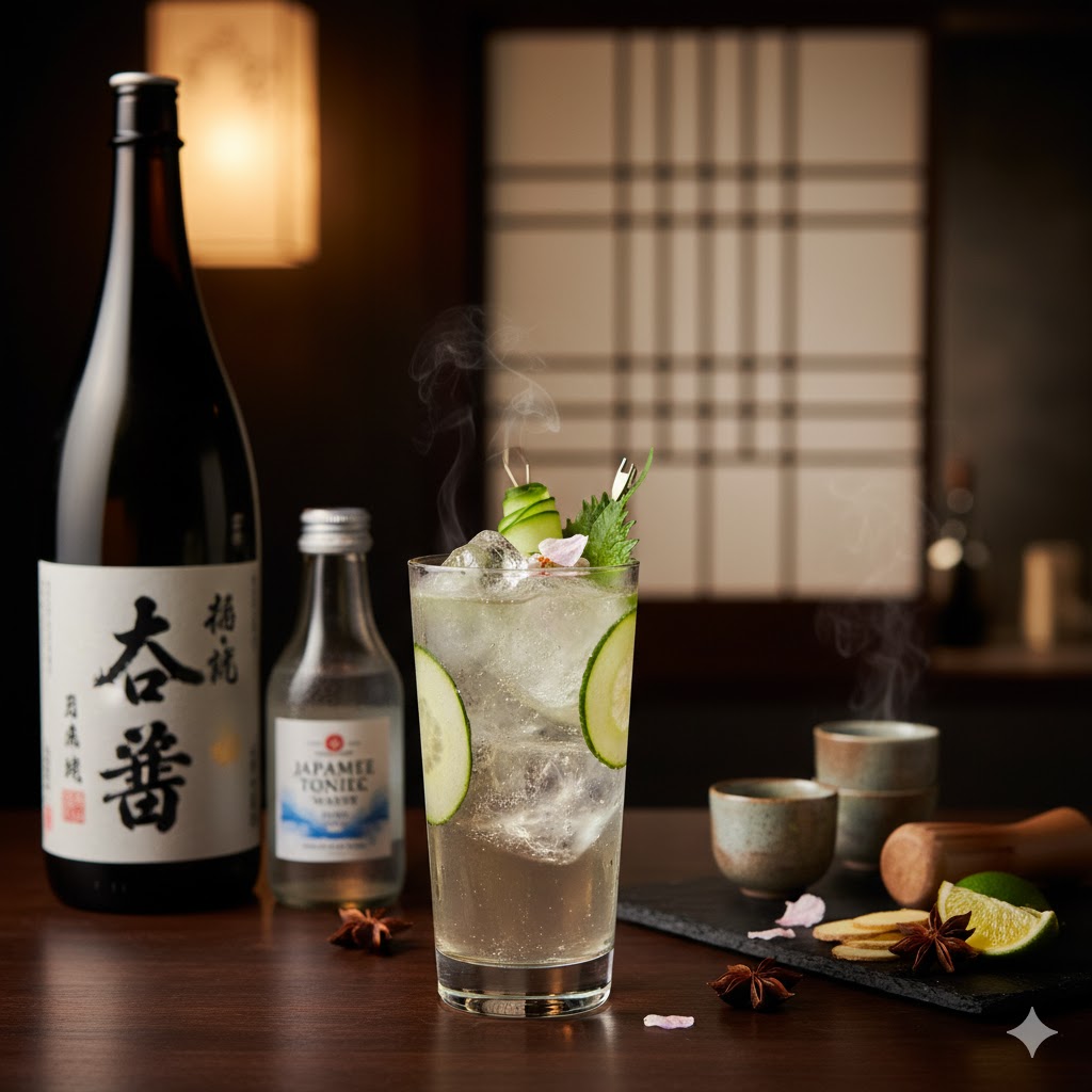 Sake Tonic en vaso alto con hielo y cítricos
