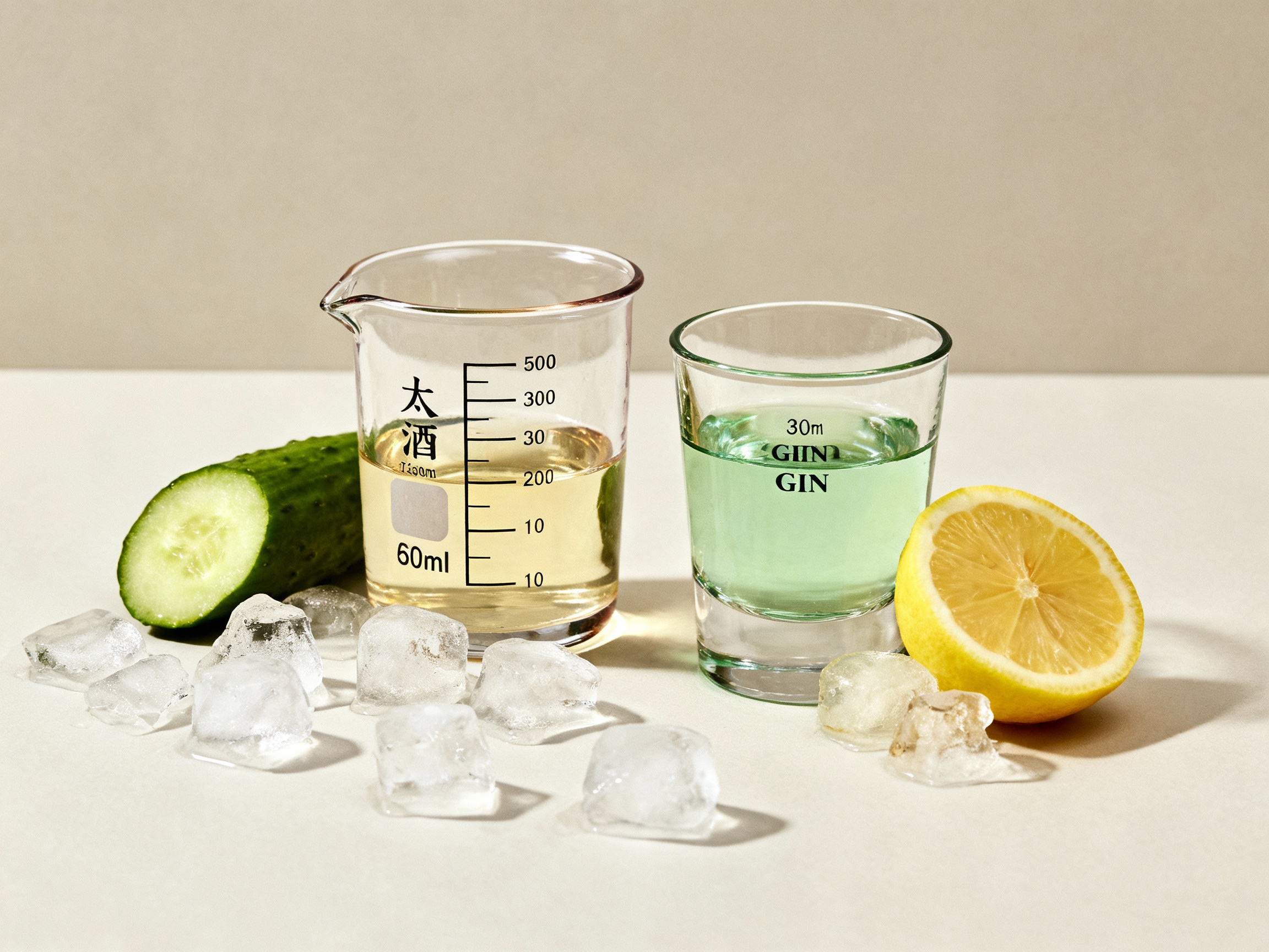 Ingredientes del Saketini: sake, ginebra y pepino