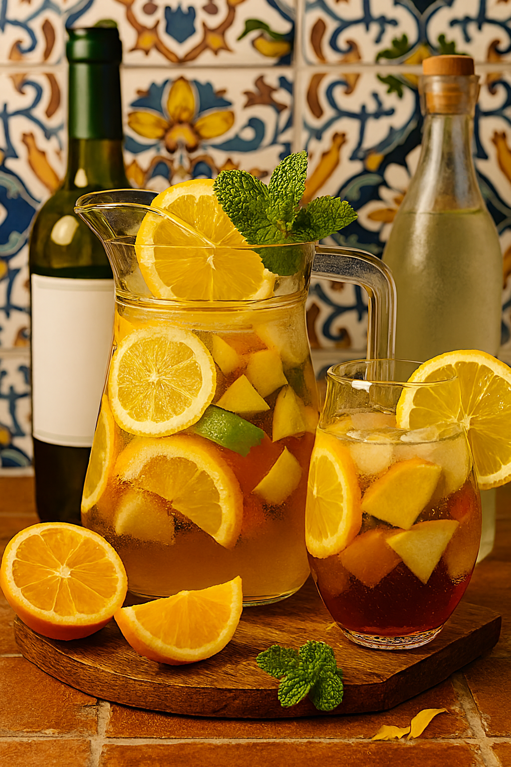 Ingredientes para sangría blanca: vino blanco, frutas claras, cava y menta