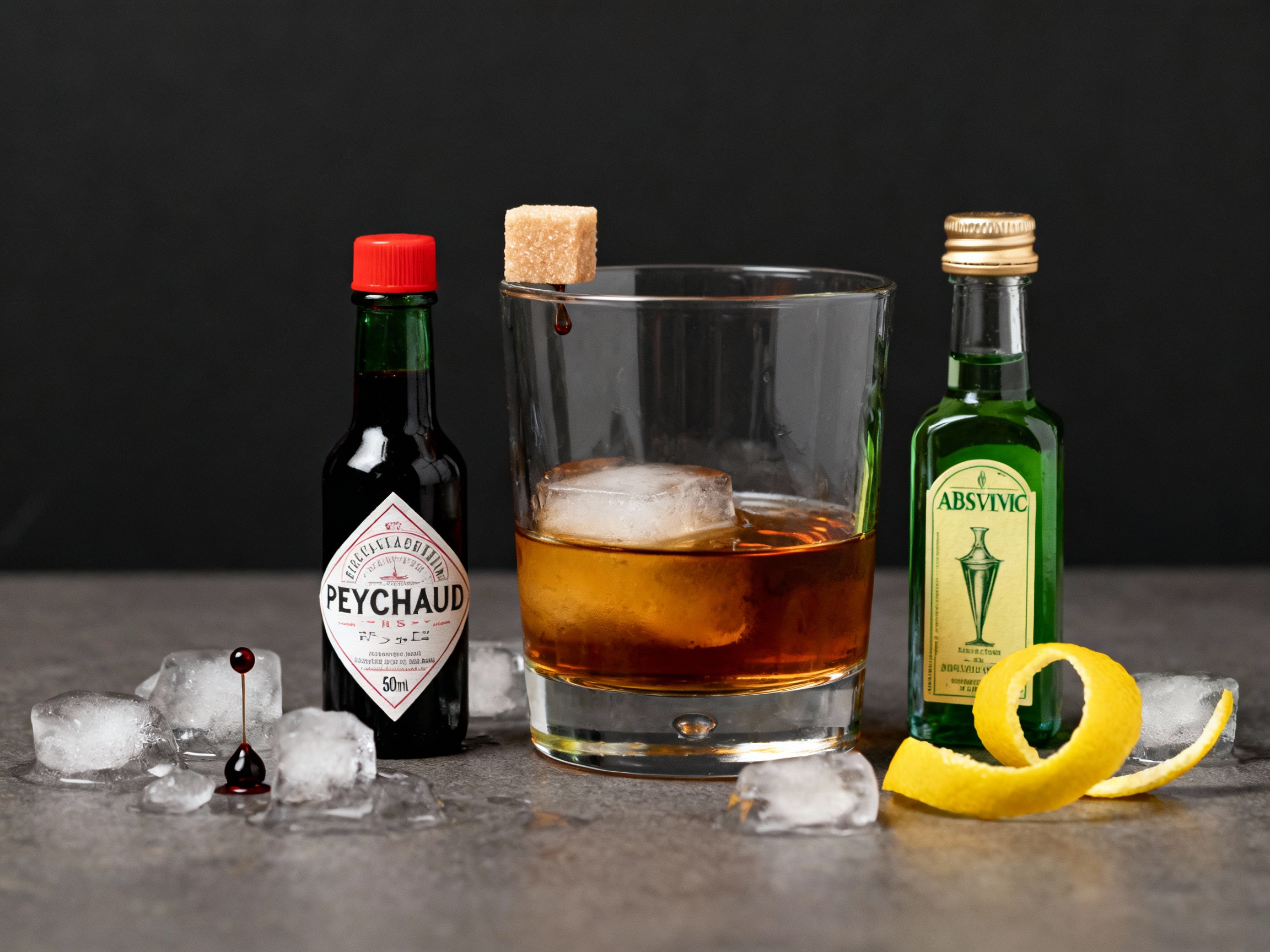 Ingredientes del Sazerac: whisky de centeno, absenta, azúcar y bitters